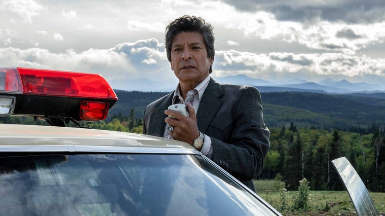 Gil Birmingham speaking into CB radio in "Under the Banner of Heaven"