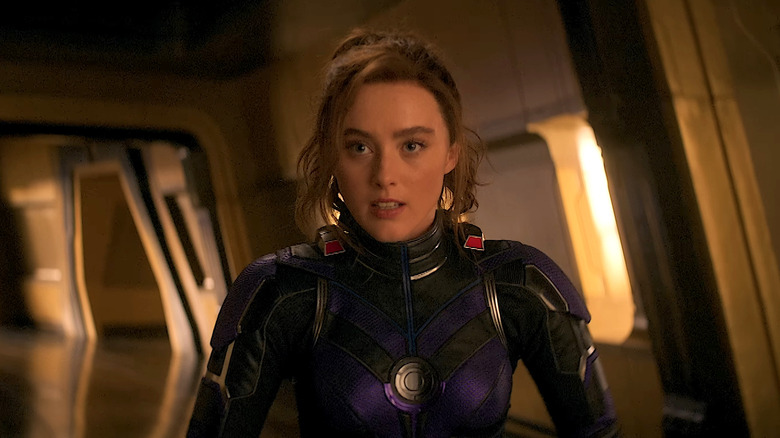 Kathryn Newton as Cassie Lang wearing purple suit