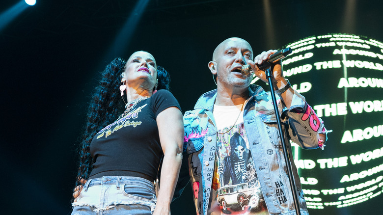 Lene Nystrom and René Dif of Aqua perform in Canada in 2021