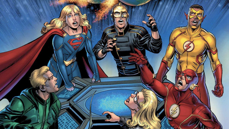 Green Arrow, Felicity Smoak, Supergirl, The Ray, The Flash, and Kid Flash on the cover of the Crisis on Infinite Earths Giant