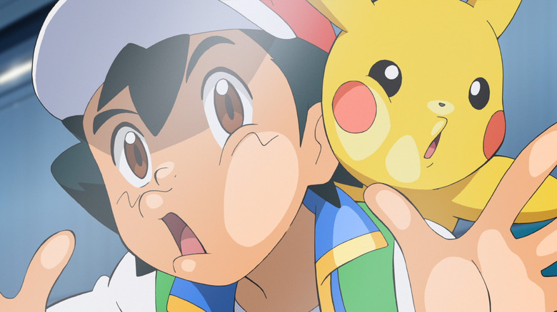 Pokemon's Ash Ketchum and Pikachu's faces pressed against glass