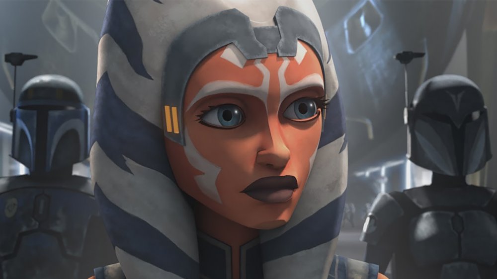 Ahsoka Tano and two Mandalorians in Star Wars: The Clone Wars' final season