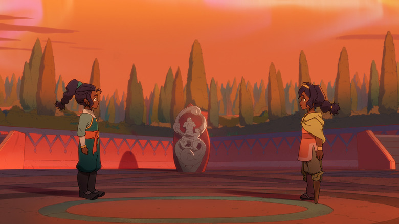 Nisha and Pavi stare at each other on the Bending Brigade training ground in Avatar: Seven Havens (2026)