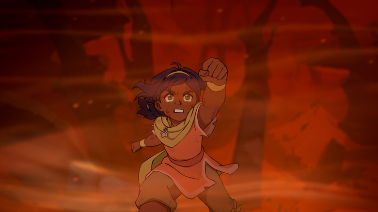 Pavi grimacing as she airbends into a storm in Avatar: Seven Havens (2026)