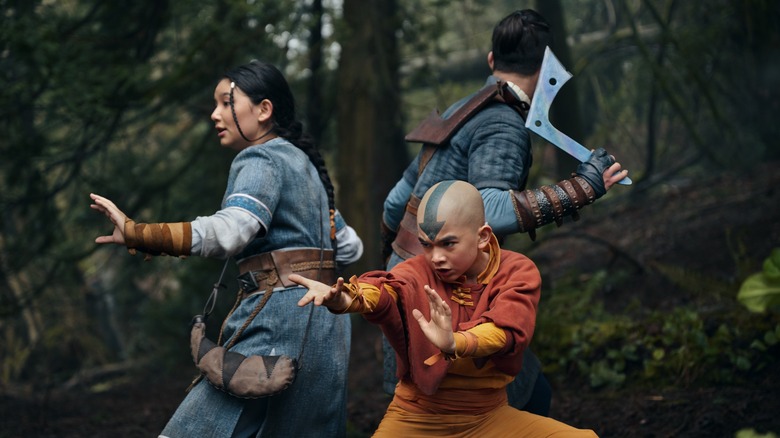 Aang, Katara, and Sokka fight