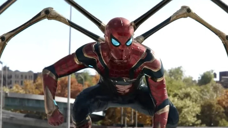Spider-Man with mechanical spider legs coming out of his back in Spider-Man: No Way Home