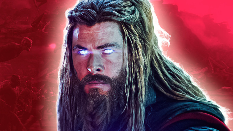 Thor looking mad in Avengers: Endgame with a red background