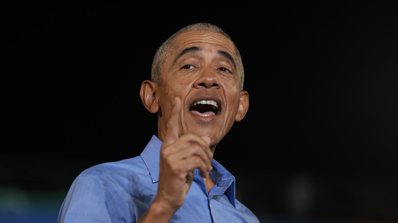 Former president Barack Obama speaking at James R Hallford Stadium in Clarkston, Georgia