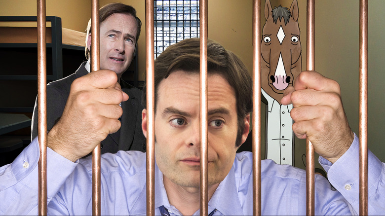 Saul Goodman, Barry Berkman, and BoJack Horseman in a jail cell