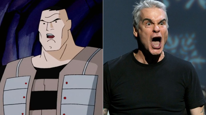Left: Mad Stan wearing a vest in "Batman Beyond"; Right: Henry Rollins performing at a benefit concert