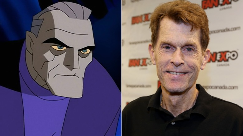 Left: Bruce Wayne scowling in "Batman Beyond"; Right: Kevin Conroy smiling at Fan Expo Canada