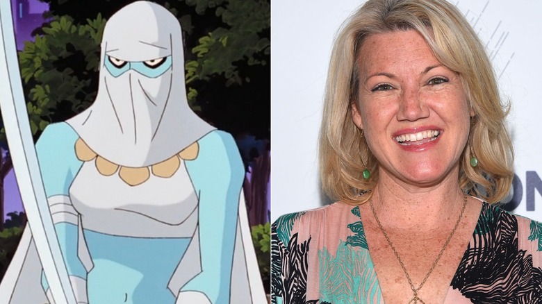 Left: Curare wielding a scimitar in "Batman Beyond"; Right: Melissa Disney smiling at a gala