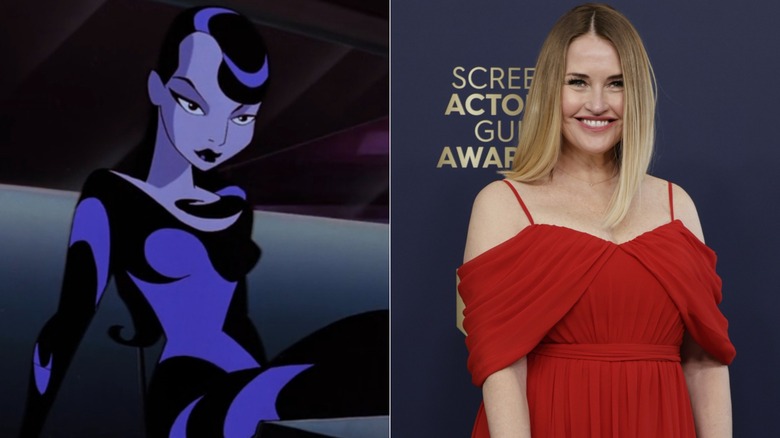 Left: Inque sitting in a limo in "Batman Beyond"; Right: Shannon Kenny smiling at the SAG Awards