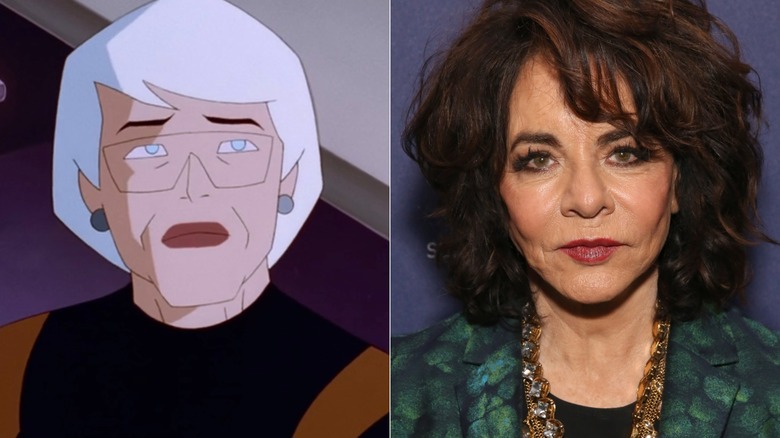 Left: Barbara Gordon looking worried in "Batman Beyond"; Right: Stockard Channing posing for a photo at a Broadway event