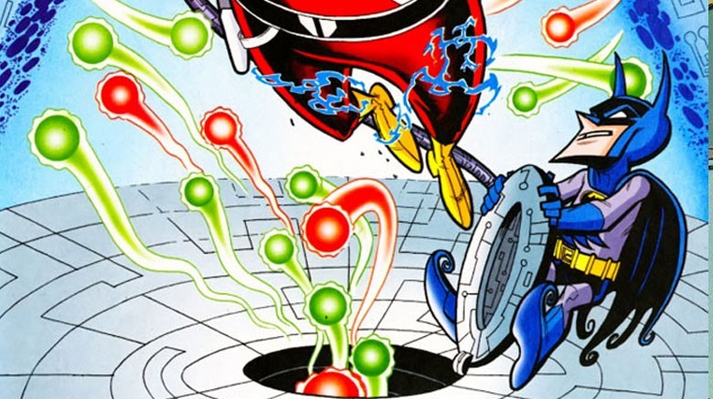 Batman surrounded by red and green orbs