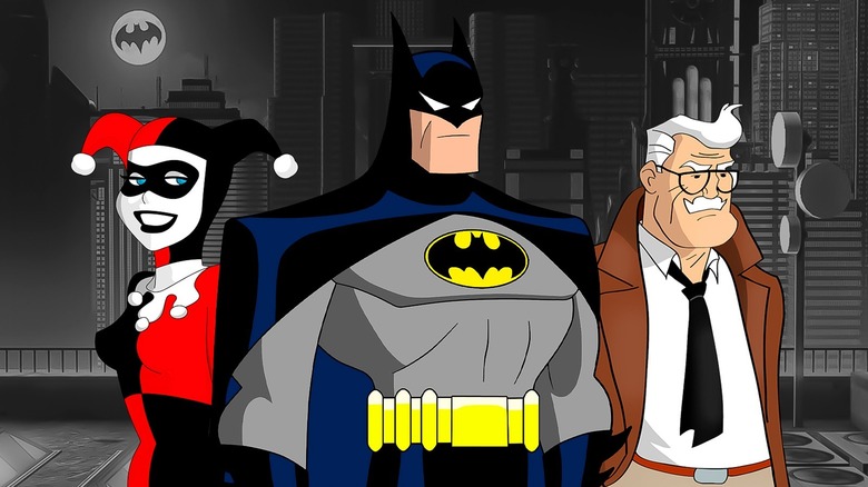 Harley Quinn, Batman, and Commissioner Gordon