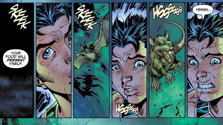 Dick Grayson looking at a bat and rat in the Batcave in All Star Batman & Robin, the Boy Wonder