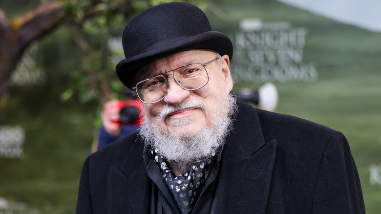 George R.R. Martin wearing a bowler hat