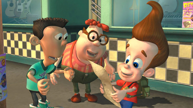 Sheen and Carl looking at Jimmy reading a piece of paper in The Adventures of Jimmy Neutron: Boy Genius