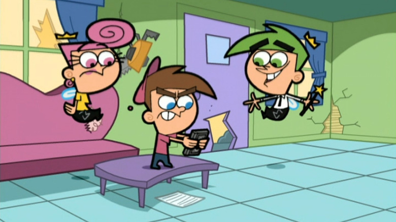 Timmy with Cosmo and Wanda in a broken living room on The Fairly OddParents