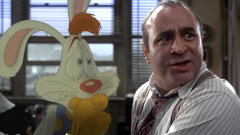 Eddie Valiant and Roger Rabbit gazing in fear in "Who Framed Roger Rabbit" (1988)