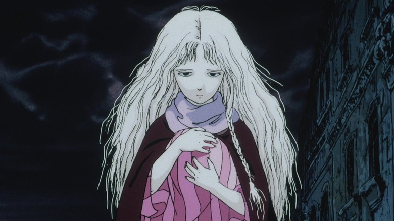 The girl carries the egg down a street in Angel's Egg (1985)