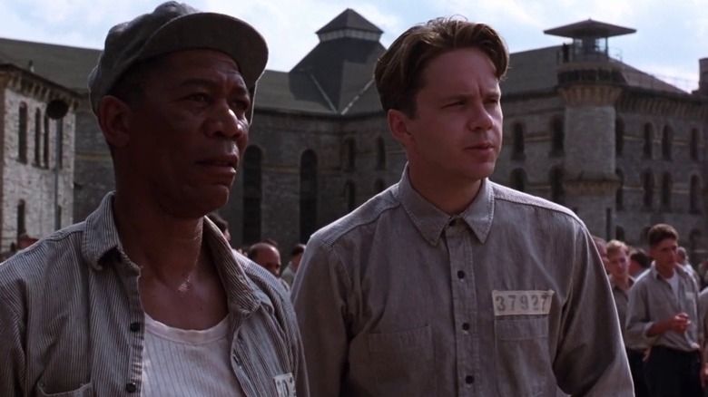 Red (Morgan Freeman) and Andy (Tom Robbins) sharing a moment in the prison yard