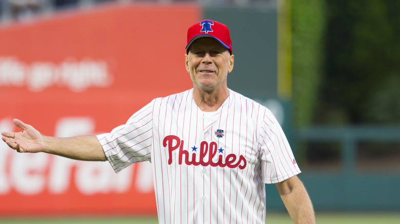Bruce Willis wearing Phillies jersey