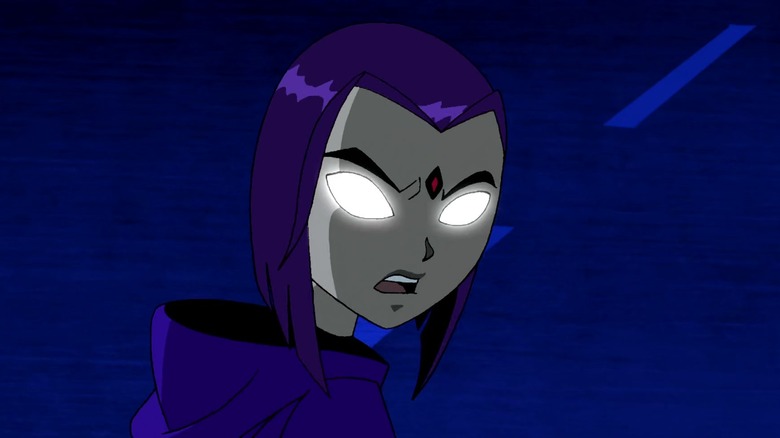 Raven with glowing white eyes