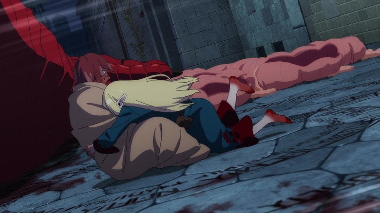 Marcile hugs Falin by the Red Dragon corpse in Delicious in Dungeon