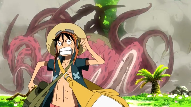 Luffy running from a giant octopus creature