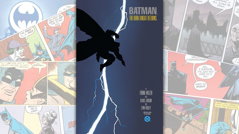 The cover of "Batman: The Dark Knight Returns" over a collage of Batman comics