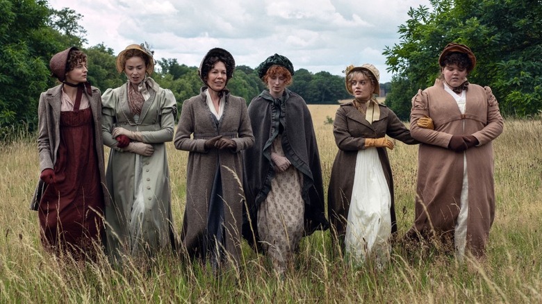 The Bennet women walking through a field in Pride and Prejudice (2026)