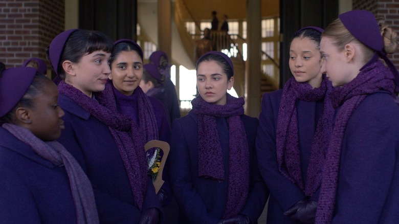 Jehosheba, Shunammite, Miriam, Becka, Agnes, Huldah gather outside school in The Testaments