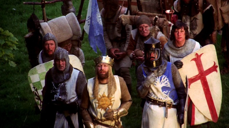 The Knights of the Round Table looking up in Monty Python and the Holy Grail
