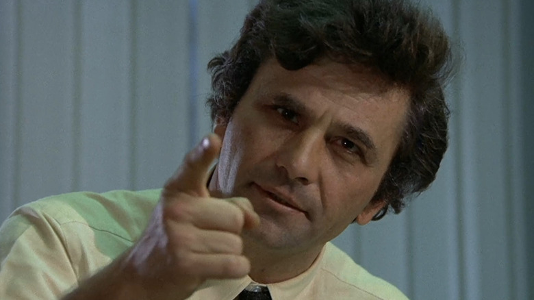 Columbo points his finger at the viewer in "A Friend in Deed" (1974)