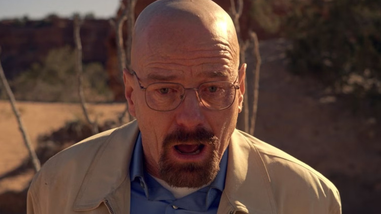 Walt looking shocked and upset in the desert on Breaking Bad