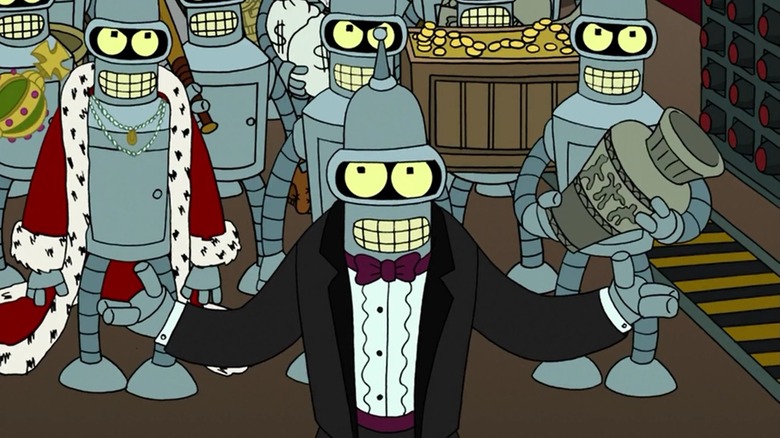 A gathering of Bender's with stolen loot in "Futurama: Bender's Big Score"