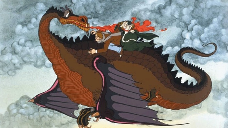 Peter and Carolinus riding on Gorbash in "Flight of Dragons"