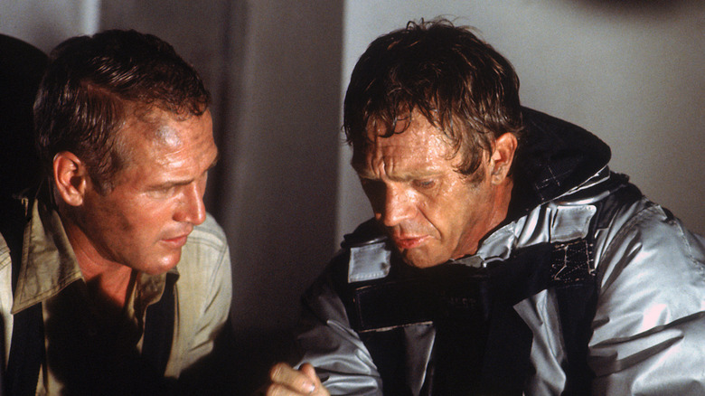 Doug Roberts and Michael O'Hallorhan speaking seriously together 'The Towering Inferno' (1974)
