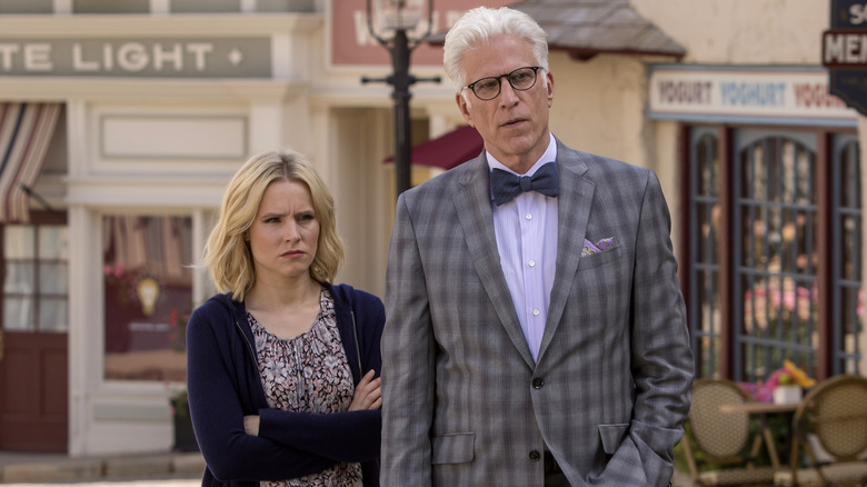 Eleanor and Michael looking skeptical in The Good Place