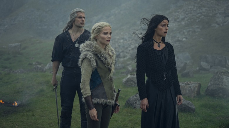 Gerald, Ciri, and Yennefer looking in the same direction in the Witcher TV show