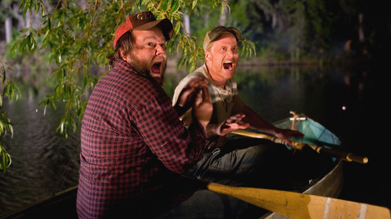 Tucker and Dale screaming in their boat in "Tucker & Dale vs. Evil"