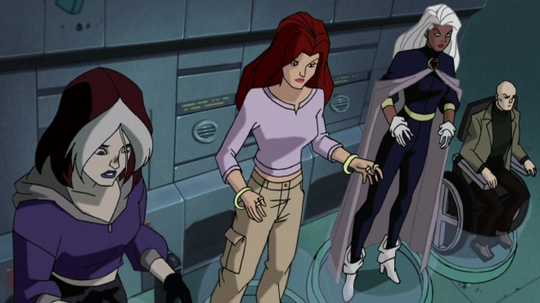 Rogue, Jean, Storm, and Professor X standing in a line on X-Men: Evolution