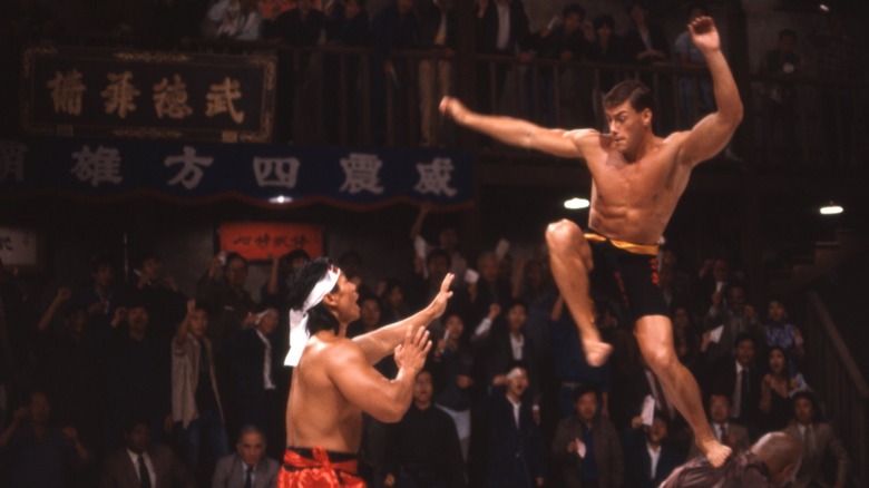 Frank leaps and prepares to kick Chong Li in "Bloodsport"