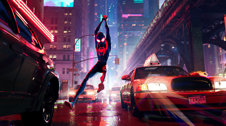 Miles Morales/Spider-Man swinging through New York in Spider-Man: Into the Spider-Verse (2018)