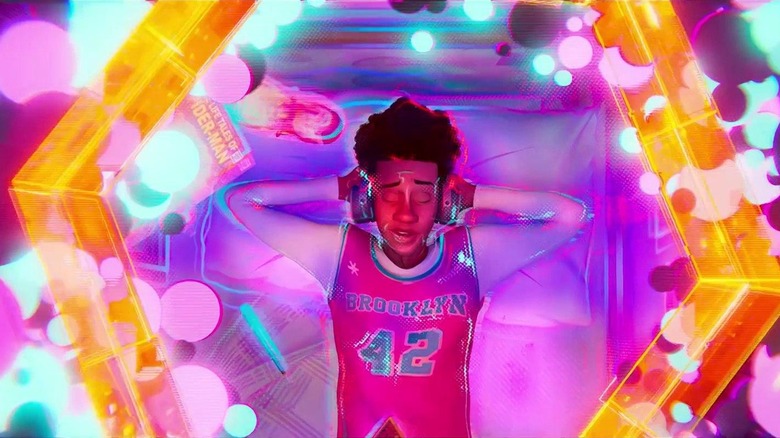 Miles Morales lounging on his bed as a multiverse portal opens in Spider-Man: Across the Spider-Verse (2023)