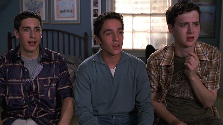 Jim, Kevin, and Finch watch secret webcam video in "American Pie" (1999)