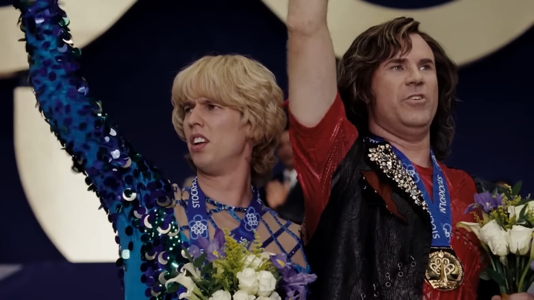 Jimmy MacElroy and Chazz Michael Michaels posing on the podium in Blades of Glory