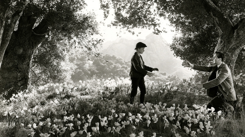 a father and son walk through flowers